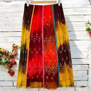 Vintage 90s Boho Ombre Multicolored Sheer Mesh Lightweight Pull On Midi Skirt S
